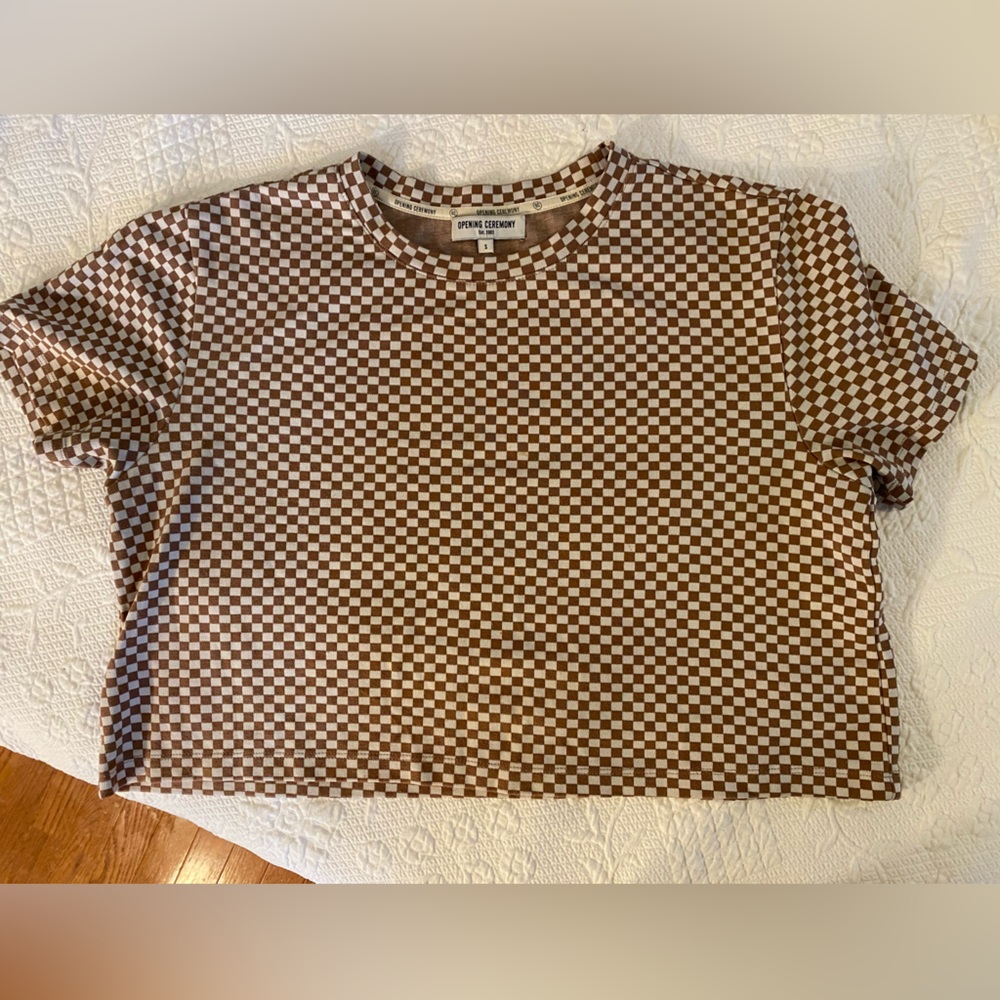 Opening Ceremony Brown and White Checkered Cropped T-Shirt